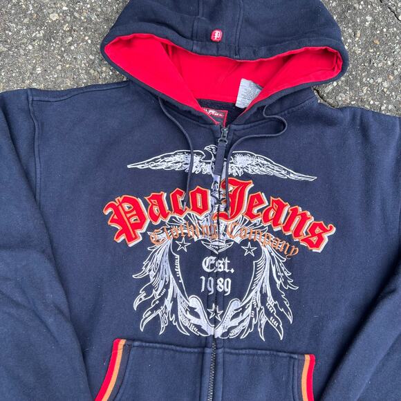 Vintage paco jeans navy blue y2k zip up graphic hoodie sweatshirt - Picture 2 of 5